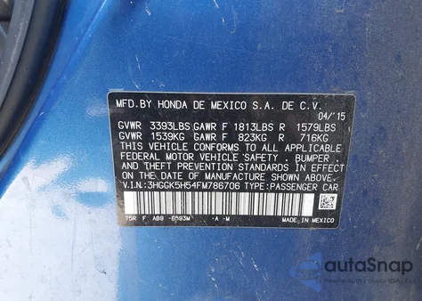 2015 Honda Fit Lx from USA, damaged, VIN 3HGGK5H54FM786706